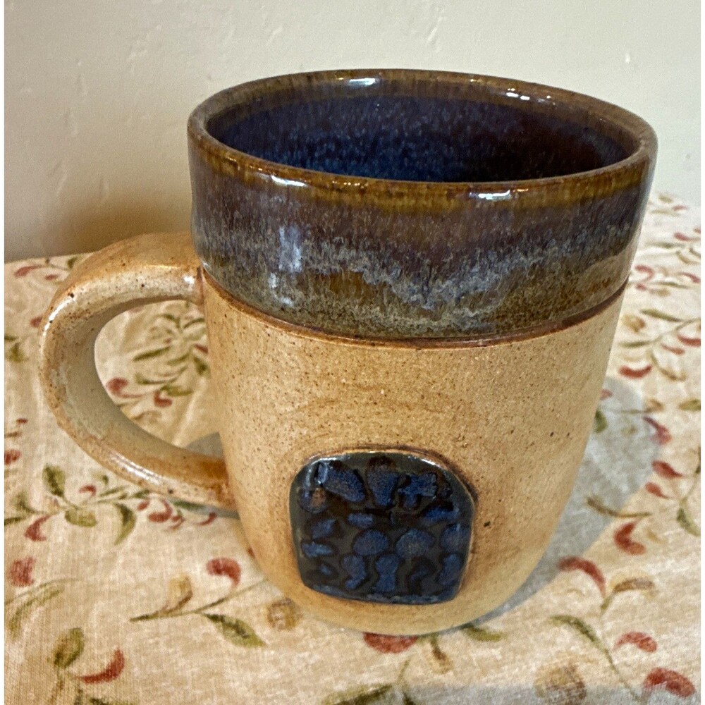Stoneware Art Pottery Mug Beige & Blue Glossy Glaze Signed Incised Handle